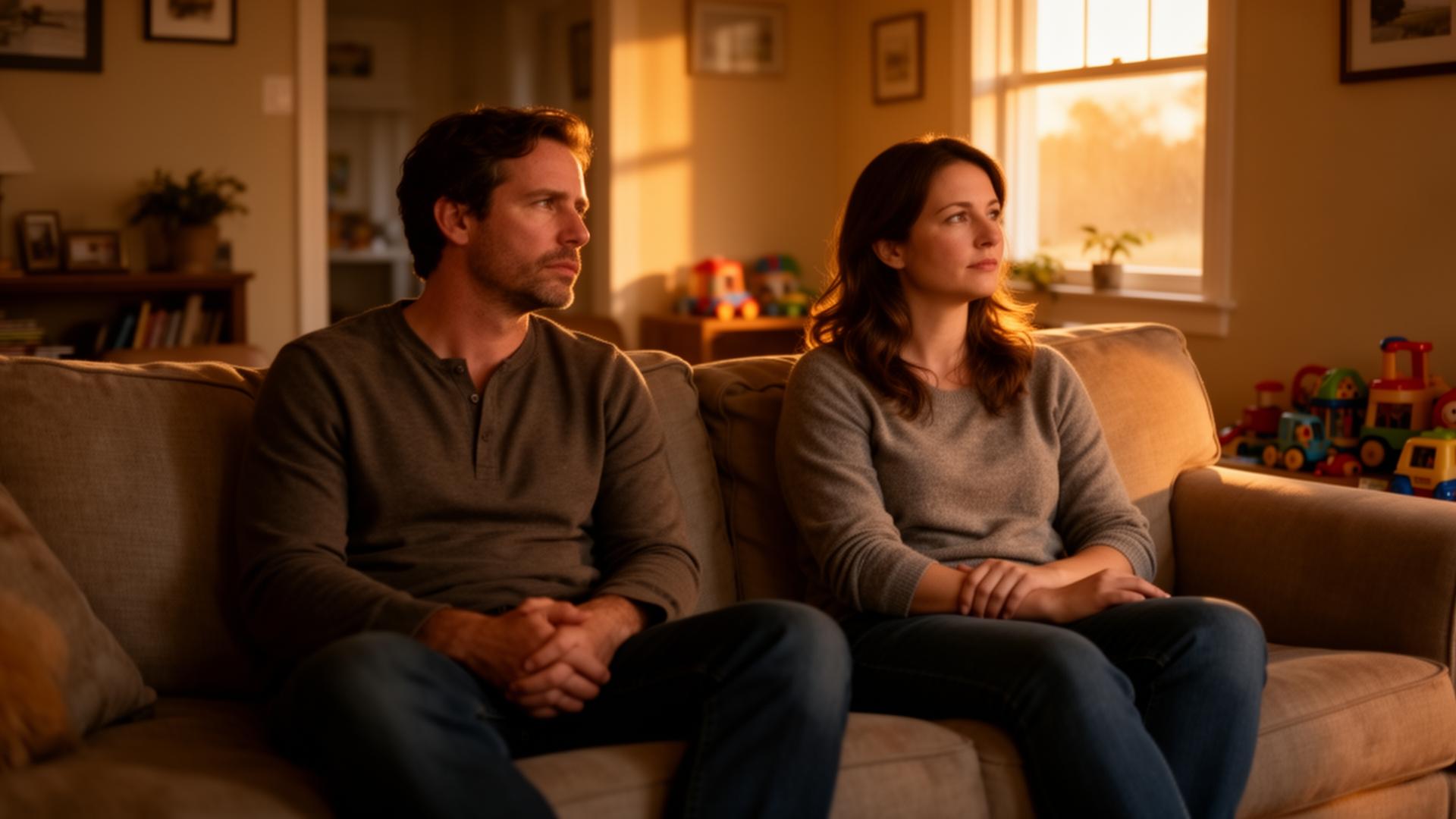 A couple sitting together in a warm family home, quietly reflecting on the distance that can grow between partners after becoming parents